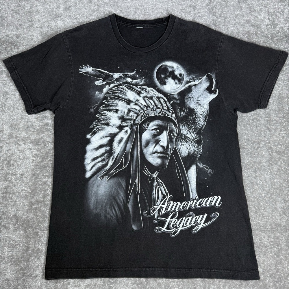 American Legacy T-Shirt Men's Large Black Native American Chief Wolf Eagle Faded